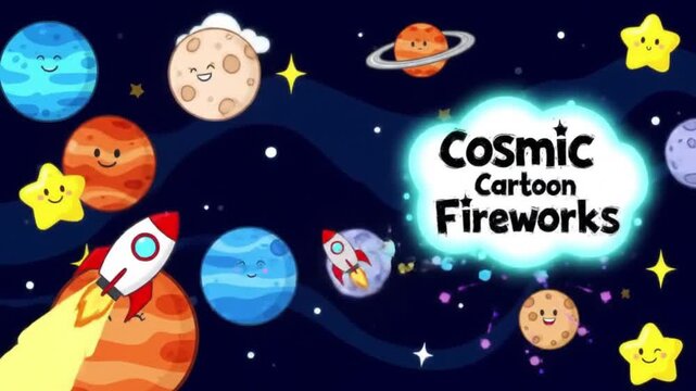 A vibrant, 2D vector-style motion graphics animation of a whimsical outer space scene.