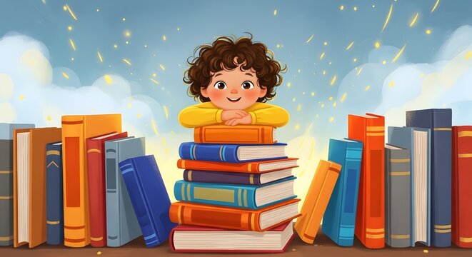 Happy book day celebration with a young reader surrounded by books