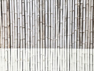 Bamboo wall with natural gray tones on the top portion and a solid white painted finish on the bottom.