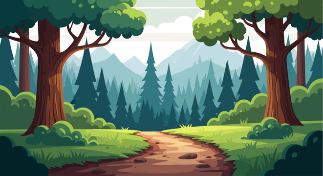 A winding dirt path meanders through a vibrant vector forest, framed by sturdy trees and leading toward a backdrop of layered pines and misty mountain peaks