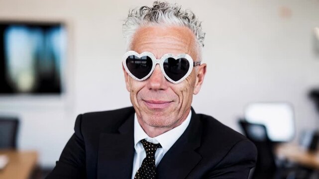 Stylish senior businessman wearing bold heart shaped sunglasses expressing playful confidence charisma and unconventional personality in contemporary office portrait
