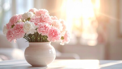 母の日に贈る優しいピンクのカーネーションと柔らかな光が包む穏やかな風景