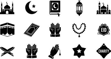 Fototapeta premium Collection of islamic symbols and religious icons depicted in black and white Vector