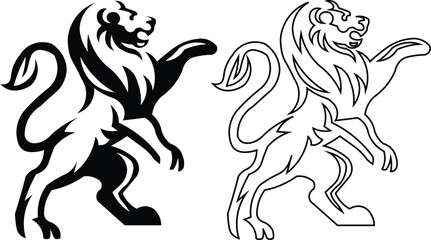 Two stylized heraldic lions in a rampant pose, one solid black and one outline, representing strength and nobility. © Najma