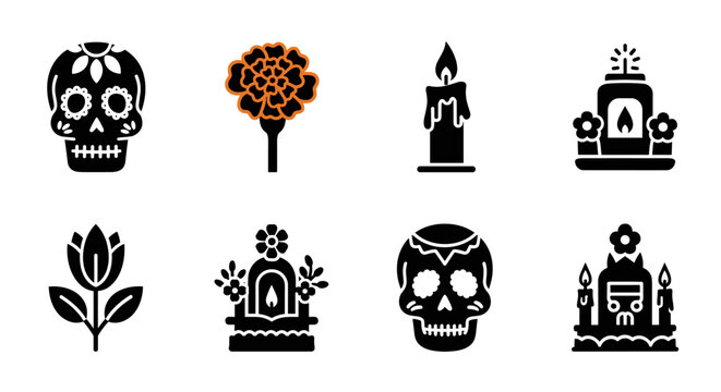 Day of the dead icons: skulls, flowers, and altars in bold silhouette style