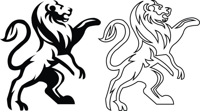 Two stylized heraldic lions in a rampant pose, one solid black and one outline, representing strength and nobility.