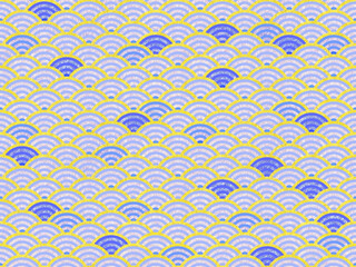 シームレスな金色の枠にランダムな差し色の入った青海波文様背景