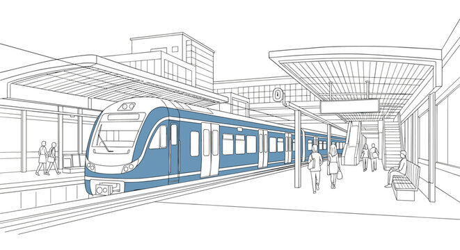 Urban commuter train station in minimalist line art style