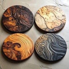 Four wood coasters carved floral, marbled pattern, wavy grain, and silver swirl designs, arranged on light marble