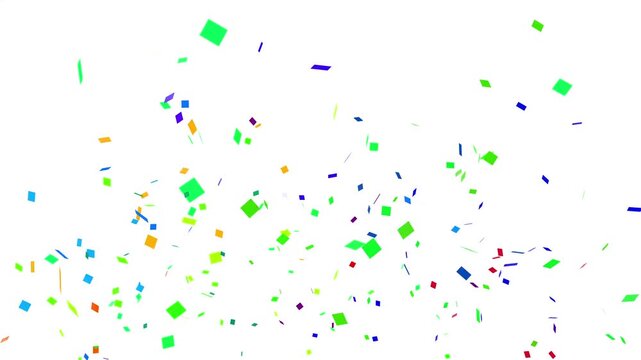 Colorful fireworks confetti explodes on white background, animation of the explosion and fall of confetti in 4k video. confetti bomb effect from the inside glitter background with gold slowly falling.