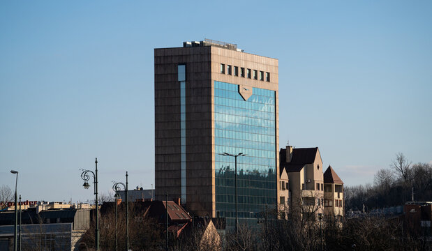 Na Zjeździe 11 office building in Cracow. Skyscraper located at Bohater&oacute;w Getta Square. Former BPH bank building Krak&oacute;w on February 15, 2024 in Krakow, Poland.