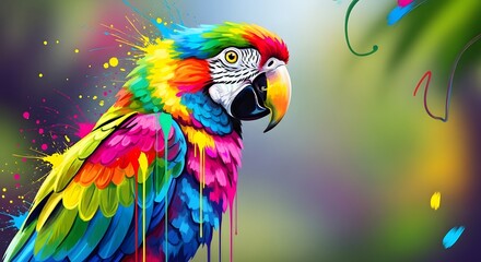 Obraz premium Vibrant Rainbow Macaw Parrot, Artistic Splash Paint Effect, Tropical Jungle Background