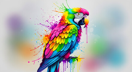 Obraz premium Vibrant Rainbow Parrot Watercolor Splash Art, Exotic Bird Portrait, Colorful and Lively