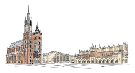 Fototapeta premium Detailed architectural line drawing of european historical square