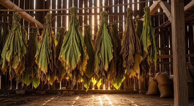Tobacco leaves drying in a rustic barn with sunlight streaming through the wooden structure.