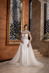 Fototapeta premium Young bride posing in classic wedding dress with veil