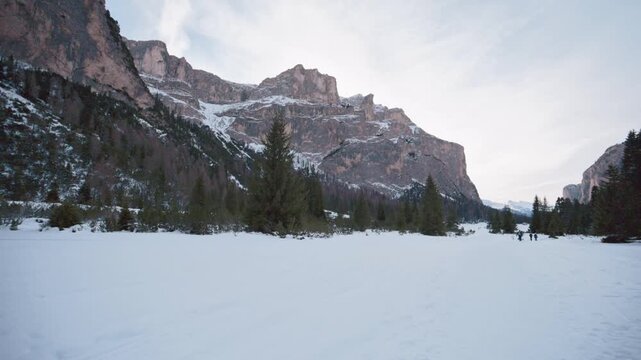 Hidden Dolomites. Snow-covered Vallunga. Beyond Val Gardena.
