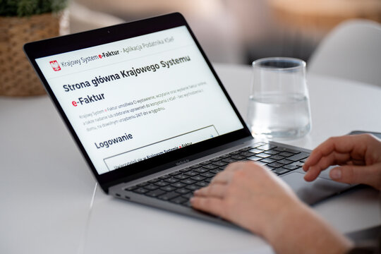 KSeF Krajowy System e-Faktur website on a laptop computer screen. Government e-Invoicing tax platform for issuing, receiving, and storing structured XML invoices on February 17, 2026 in Krakow, Poland