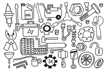 Doodle Style Automotive Repair Tools and Parts vector