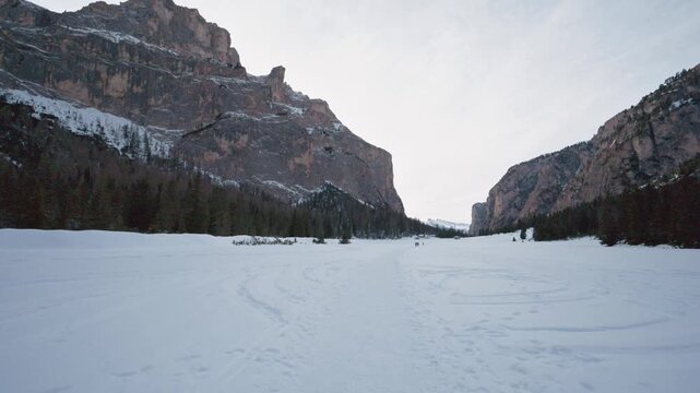 Hidden Dolomites. Snow-covered Vallunga. Beyond Val Gardena.