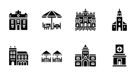 Obraz premium Monochrome city landmarks and outdoor cafe icons collection