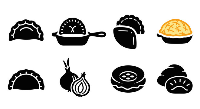 Set of dumpling and pie icons in simple silhouette design