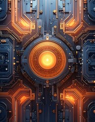 Futuristic machinery with a central glowing ring, intricate details and blue and orange color palette