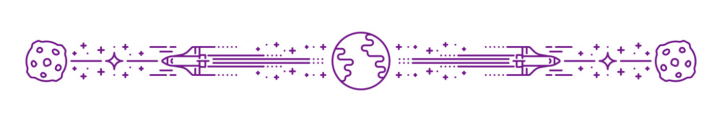 Outer space moon mission flight and astronomy line divider. Outer space, galaxy discovery outline frame border, cosmos travel vector spacer. Space flight divider with rocket flying from Earth to moon © Vector Tradition