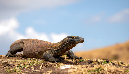 Obraz premium Komodo dragon resting on dry land in komodo national park, indonesia. Suitable for travel magazines or wildlife conservation projects.