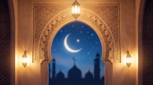 Moonlit Mosque View Through an Ornate Islamic Archway