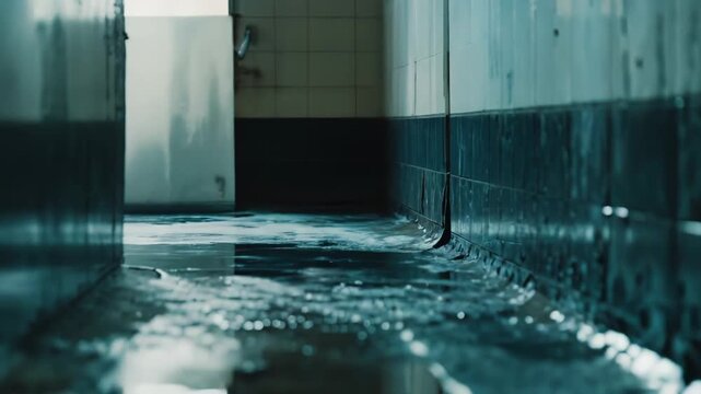 Dark and atmospheric hallway featuring water flowing across wet tiles and reflecting limited light, conveying neglect and the powerful impact of water damage