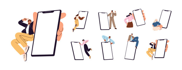 Tiny people showing blank screens of big smartphones set. Characters pointing at display of mobile phones. Men and women hold telephones. Flat isolated vector illustrations on white background