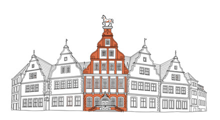Historic european architecture line drawing with central red building detail