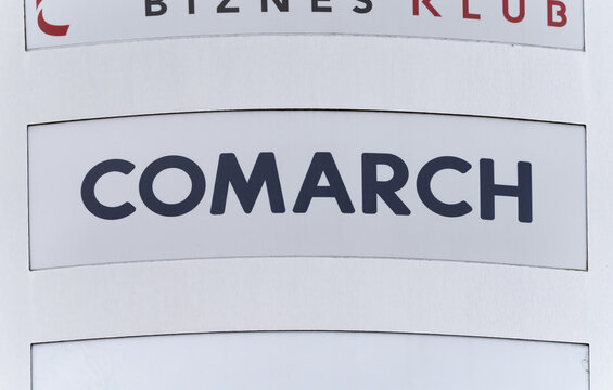 Comarch logo sign. Headquartered in Krak&oacute;w, Comarch is a leading global software house specializing in advanced IT systems and services on February 2, 2024 in Krakow, Poland.