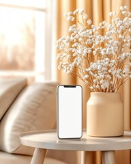 Minimalistic phone on a table with flowers.