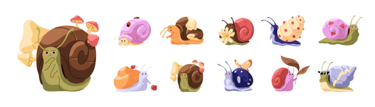 Funny set of kawaii snails. Cute slugs with different emotions and expressions. Gastropod characters with happy, sad, crying and angry faces. Flat isolated vector illustrations on white background