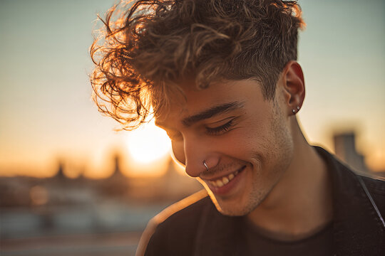 Smiling young man with curly sunlit hair and silver nose hoop, looking down with dimples on a rooftop at golden hour, warm backlit city skyline