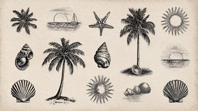 Vintage linocut style illustration featuring tropical palm trees, diverse seashells, suns, and a