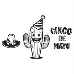 Happy Cinco de Mayo" text with a cheerful cactus wearing a party hat.