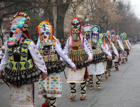 Kyustendil, Bulgaria - February 7, 2026: Third Masquerade Festival "Djamala" in Kyustendil, Bulgaria. People with masks, called Kukeri, dance and play to scare away evil spirits.