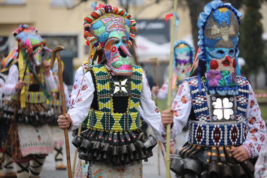 Kyustendil, Bulgaria - February 7, 2026: Third Masquerade Festival "Djamala" in Kyustendil, Bulgaria. People with masks, called Kukeri, dance and play to scare away evil spirits.