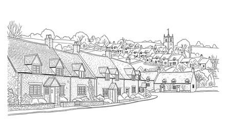 Obraz premium Charming village houses and countryside landscape in linear art style