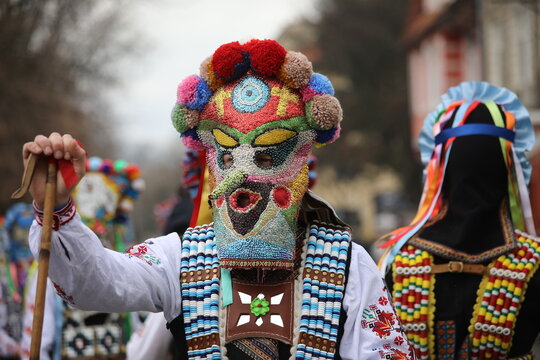 Kyustendil, Bulgaria - February 7, 2026: Third Masquerade Festival "Djamala" in Kyustendil, Bulgaria. People with masks, called Kukeri, dance and play to scare away evil spirits.