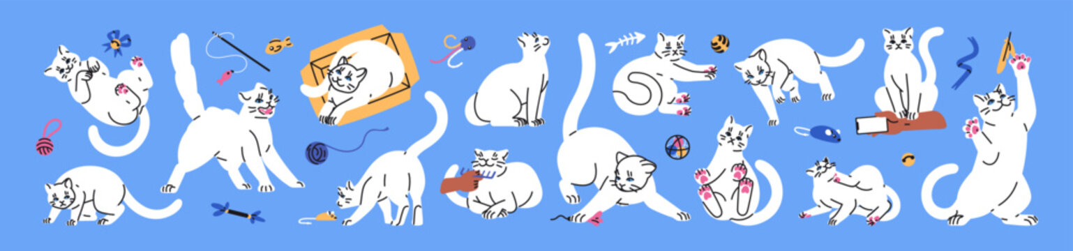Set of cute white cat. Naughty kitty asks for food or attention. Happy, scared and angry emotions of kitten. Pet plays, has fun and relaxes. Animal's behavior. Flat isolated vector illustrations