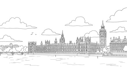 Linear cityscape of big ben and houses of parliament on the river thames