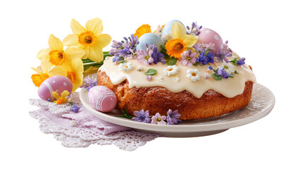 Obraz premium Elegant easter cake with floral decorations and colorful eggs springtime baking theme