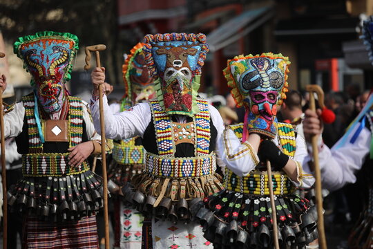 Kyustendil, Bulgaria - February 7, 2026: Third Masquerade Festival "Djamala" in Kyustendil, Bulgaria. People with masks, called Kukeri, dance and play to scare away evil spirits.
