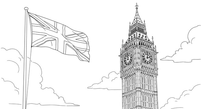 Linear drawing of big ben with union jack flag and cloudy sky