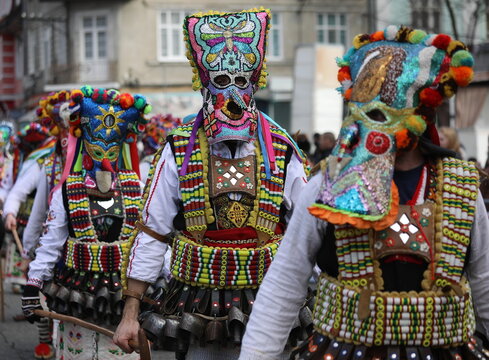 Kyustendil, Bulgaria - February 7, 2026: Third Masquerade Festival "Djamala" in Kyustendil, Bulgaria. People with masks, called Kukeri, dance and play to scare away evil spirits.