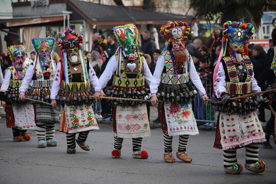 Kyustendil, Bulgaria - February 7, 2026: Third Masquerade Festival "Djamala" in Kyustendil, Bulgaria. People with masks, called Kukeri, dance and play to scare away evil spirits.